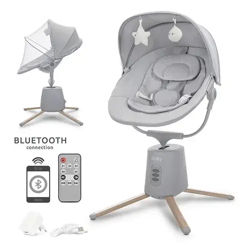 Leagan electric pentru bebelusi Lorelli Storky, Bluetooth, telecomanda, 5 viteze de leganare, potrivit 0-6 luni, Gri