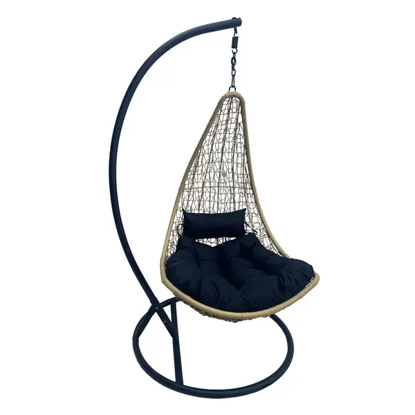 Leagăn tip cuib pe bază Soleil, Metal Negru - Ratan Natural, Pernă, Neagră, 120x95x195 cm