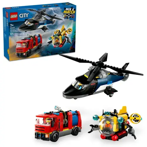 LEGO® City - Elicopter, autospeciala de pompieri si submarin in versiuni remixate 60462, 874 piese