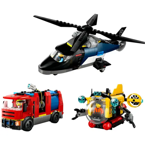 LEGO® Jucarie LEGO CITY, Elicopter, autospeciala de pompieri si submarin in versiuni remixate