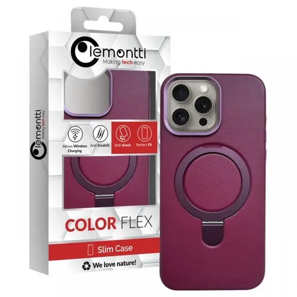Lemontti Husa Piele MagSafe cu inel stand iPhone 16 Pro Max Visiniu