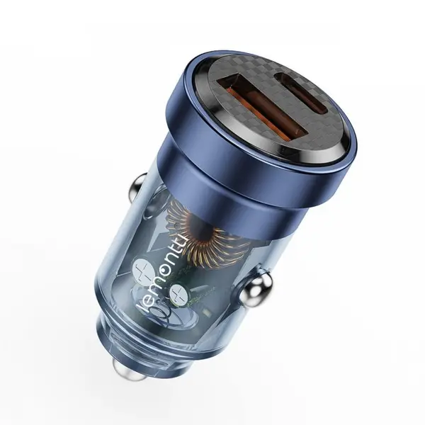 Lemontti Incarcator Auto Fast Charge 45W 2 porturi PD Type-C 45W + USB-A QC 3.0 Transparent / Albastru