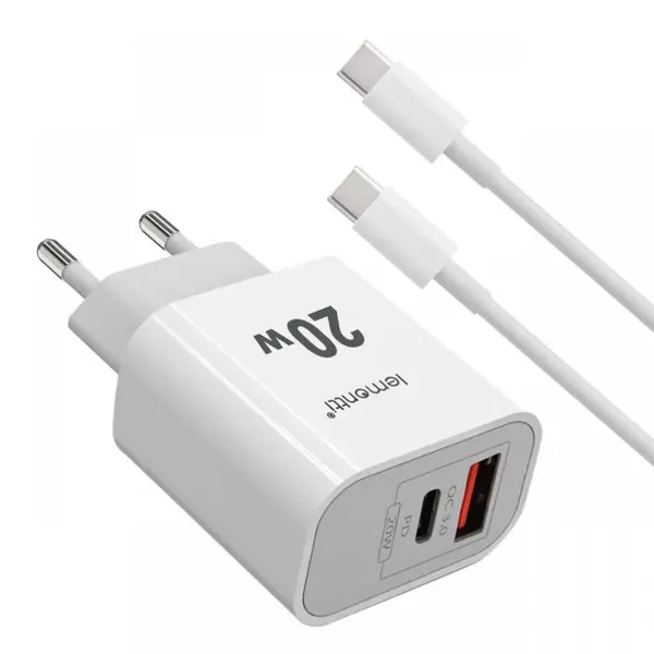 Lemontti Set Incarcator Retea Fast Charge 20W 1 x PD Type-C + 1 x USB-A Quick Charge 3.0 si cablu Type-C-Type-C 20W 1m Alb