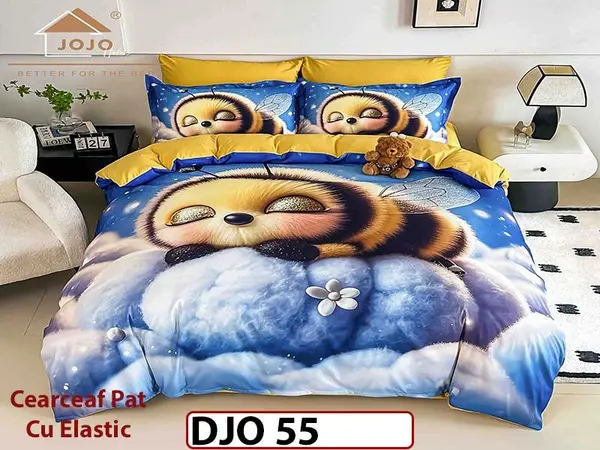 Lenjerie 3D din finet 4 piese 1 Persoana Cearceaf cu Elastec - DJO55