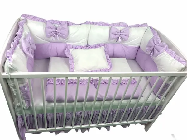 Lenjerie cu 6 aparatori pufoase si fundite Bicolore Lila 120x60 cm