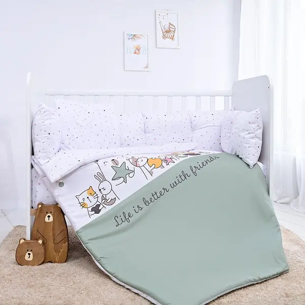 Lenjerie cu 7 piese pentru patut 120x60 cm Lorelli Lily Happy Friends Mint din bumbac ranforce