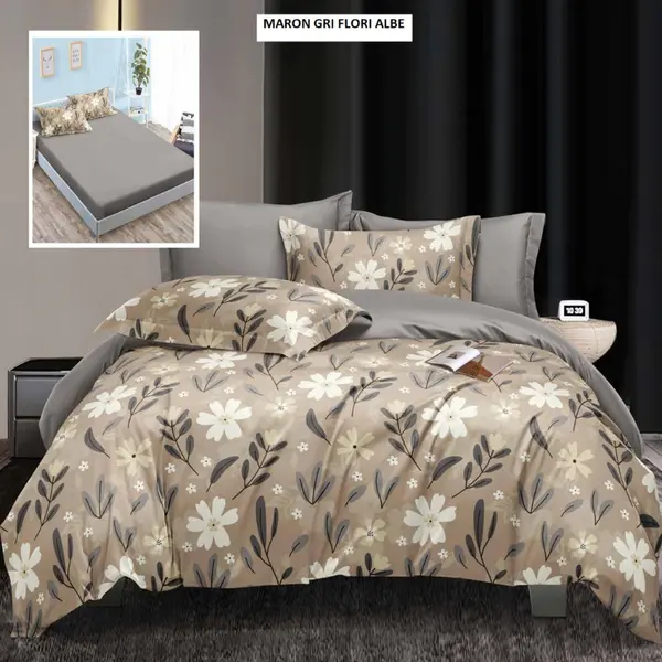 Lenjerie cu husa ELEGANCE maron gri flori albe 180x200 cm, Ralex | 1 buc