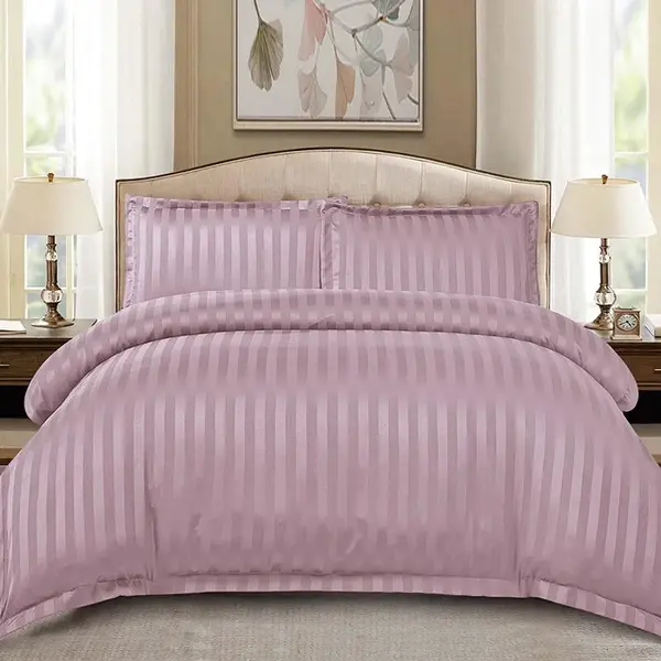 Lenjerie Damasc Stripe Lila Inchis 4 Piese cu elastic (Finet)