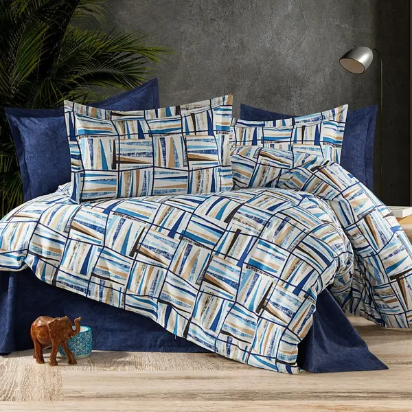 Lenjerie de pat 4 piese Somnart din bumbac cu cearceaf pat clasic, cearceaf pilota 200 x 230 cm si 2 fete perna 50 x 70 cm albastru