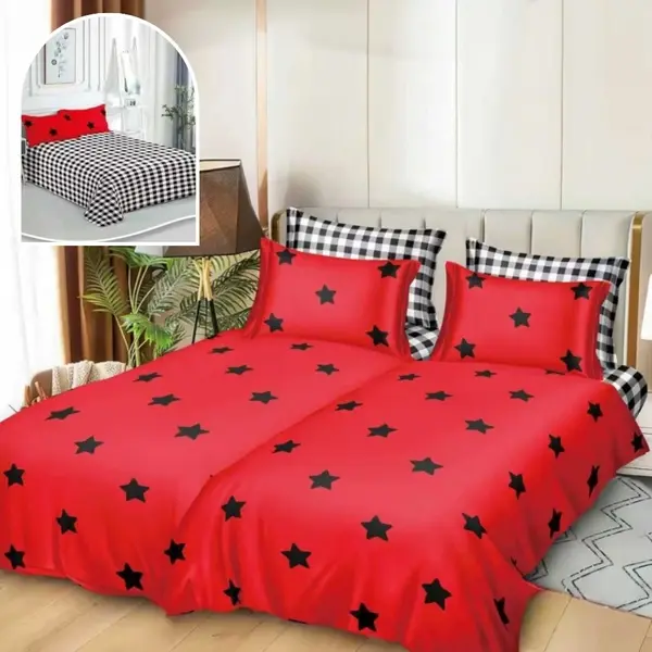 Lenjerie de Pat, 7 Piese, Bumbac Satinat Superior, cu 2 Pilote, Rosu, Stelute