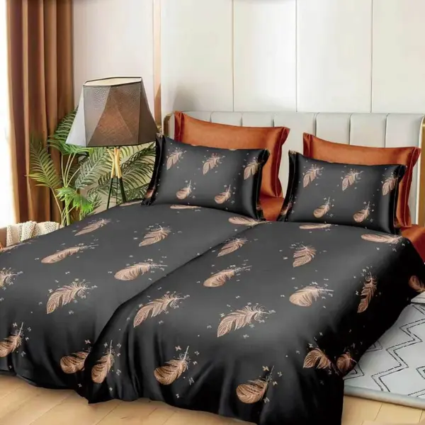 Lenjerie de Pat, 7 Piese, Bumbac Satinat Superior, cu 2 Pilote, Negru, pene