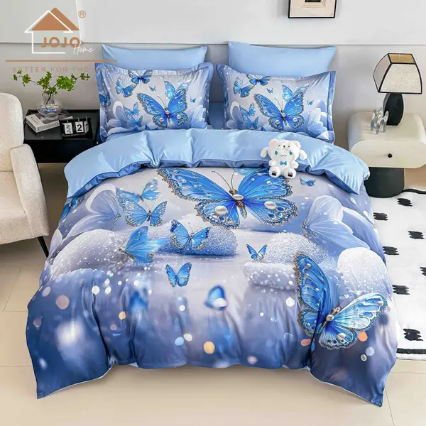 Lenjerie de Pat Bumbac Finet 5D 4 Piese cu Elastic 140x200 , Azure Wings