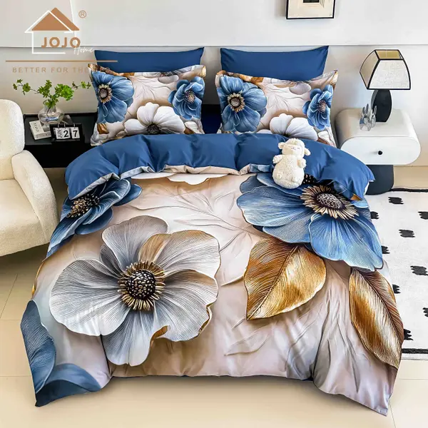 Lenjerie de Pat Bumbac Finet 5D 4 Piese cu Elastic 140x200 , Blue Harmony