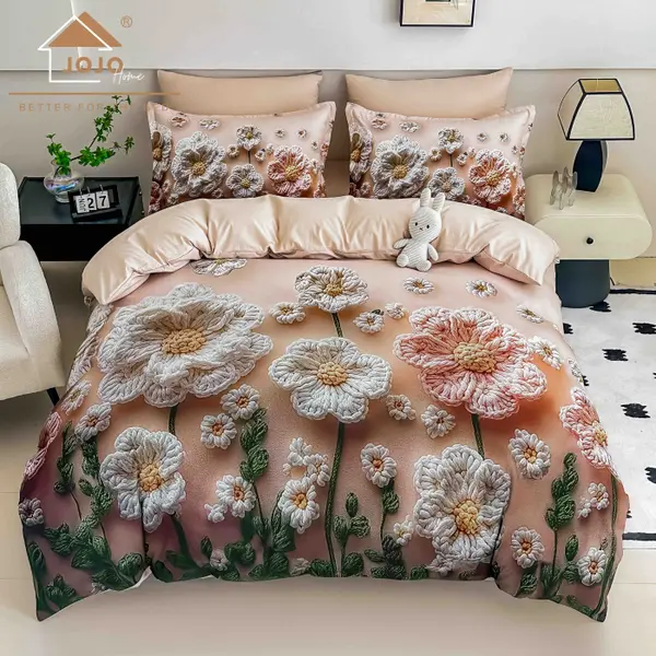 Lenjerie de Pat Bumbac Finet 5D 4 Piese cu Elastic 140x200 , Blush Blossom