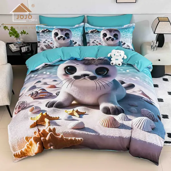 Lenjerie de Pat Bumbac Finet 5D 4 Piese cu Elastic 140x200 , Baby Seal