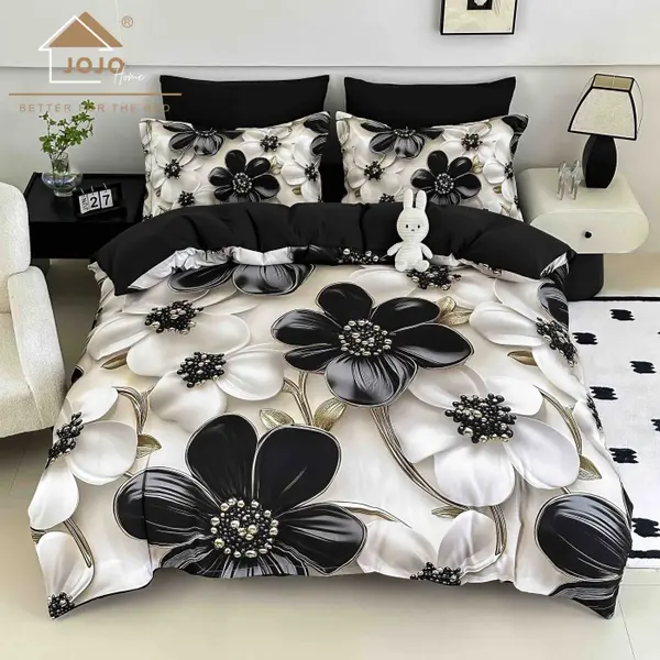 Lenjerie de Pat Bumbac Finet 5D 4 Piese cu Elastic 140x200 , Black Pearl