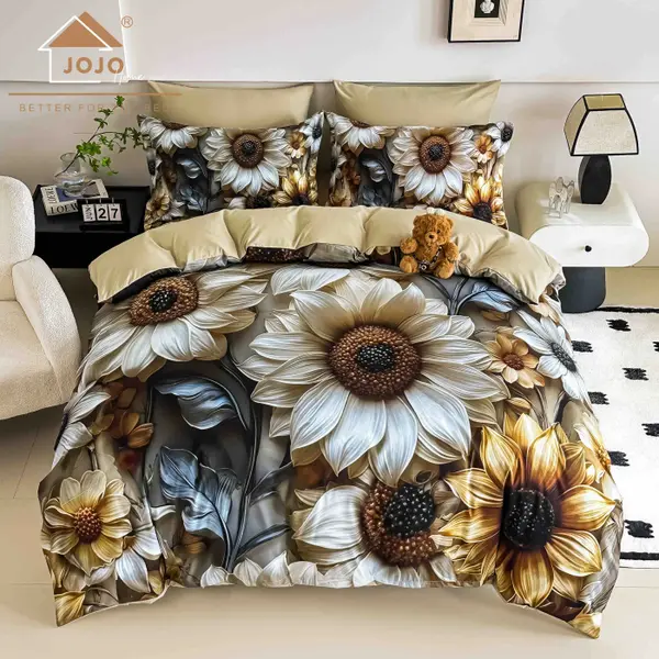 Lenjerie de Pat Bumbac Finet 5D 4 Piese cu Elastic 140x200 , Golden Sunflower
