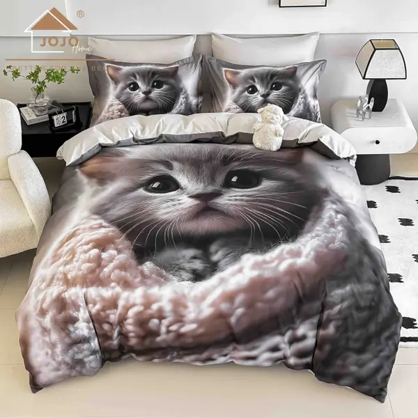 Lenjerie de Pat Bumbac Finet 5D 4 Piese cu Elastic 140x200 , Kitty Cuddle