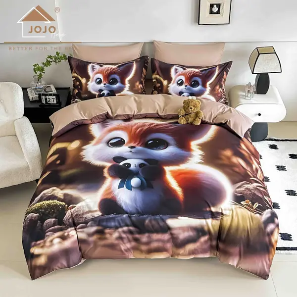 Lenjerie de Pat Bumbac Finet 5D 4 Piese cu Elastic 140x200 , Little Fox