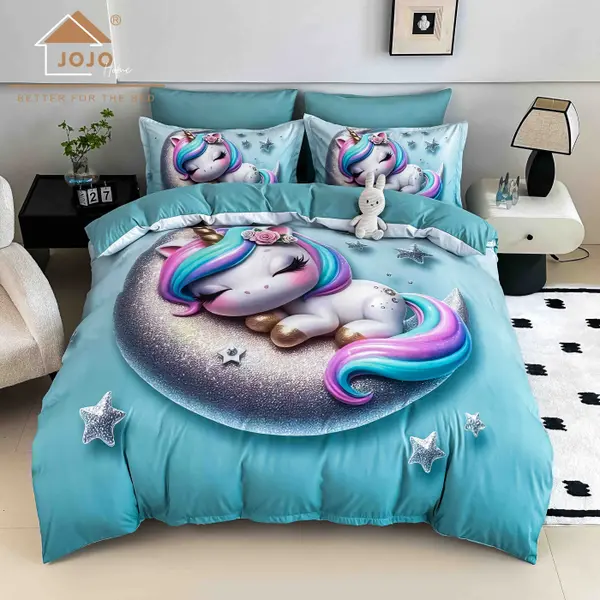 Lenjerie de Pat Bumbac Finet 5D 4 Piese cu Elastic 140x200 , Moon Unicorn