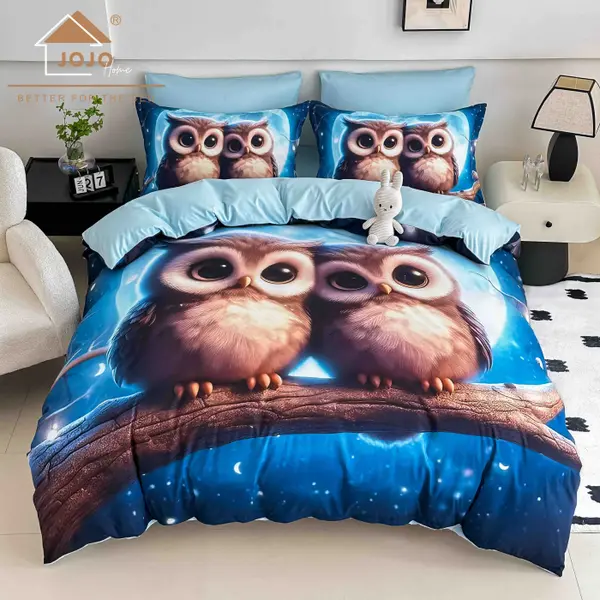 Lenjerie de Pat Bumbac Finet 5D 4 Piese cu Elastic 140x200 , Moon Owls