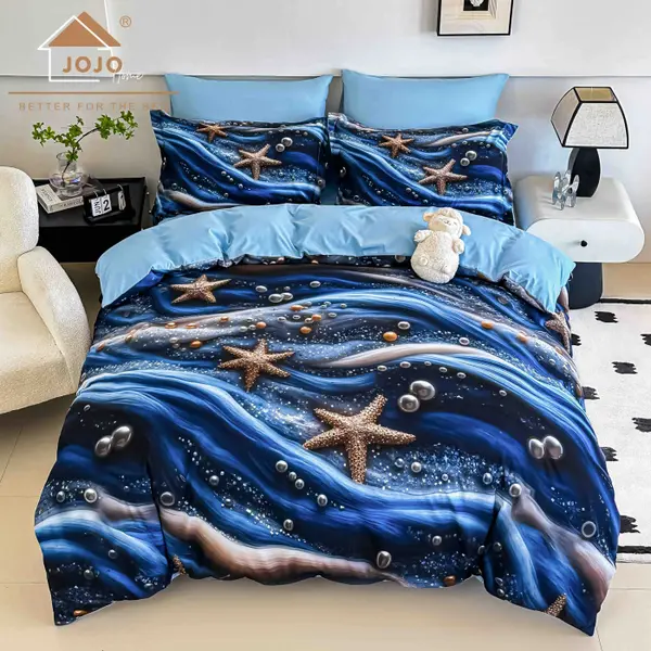 Lenjerie de Pat Bumbac Finet 5D 4 Piese cu Elastic 140x200 , Ocean Pearl