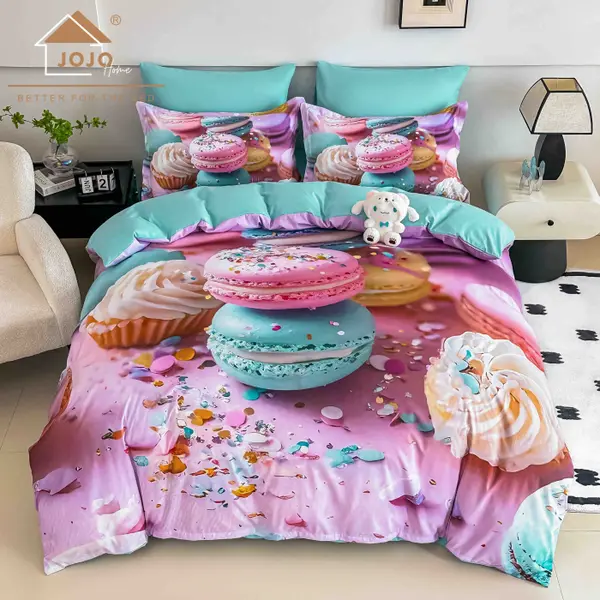 Lenjerie de Pat Bumbac Finet 5D 4 Piese cu Elastic 140x200 , Sweet Macarons