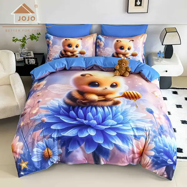 Lenjerie de Pat Bumbac Finet 5D 4 Piese cu Elastic 140x200 , Sweet Bee