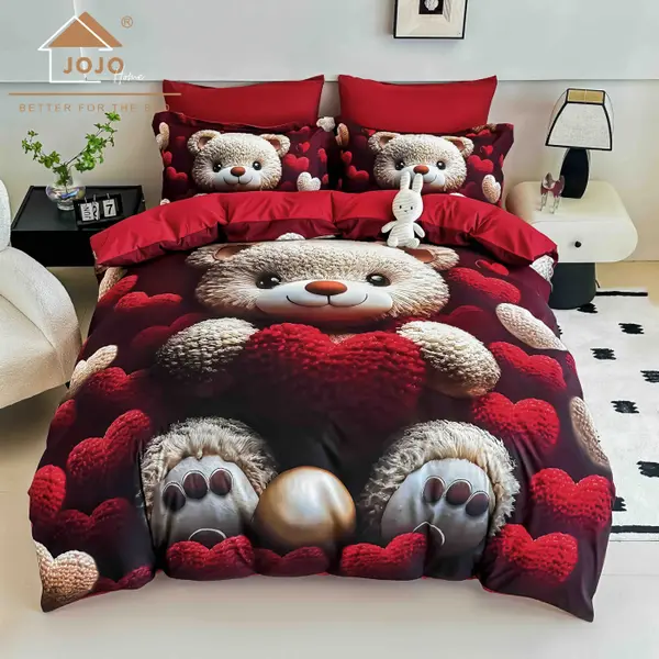 Lenjerie de Pat Bumbac Finet 5D 4 Piese cu Elastic 140x200 , Teddy Love