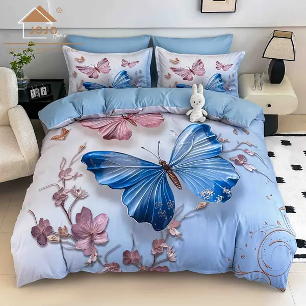 Lenjerie de Pat Bumbac Finet 5D 6 Piese cu Elastic 180x200 , Blue Butterfly