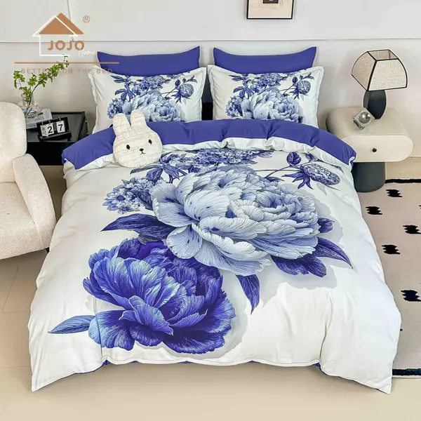 Lenjerie de Pat Bumbac Finet 5D 6 Piese cu Elastic 180x200 , Blue Peony Elegance