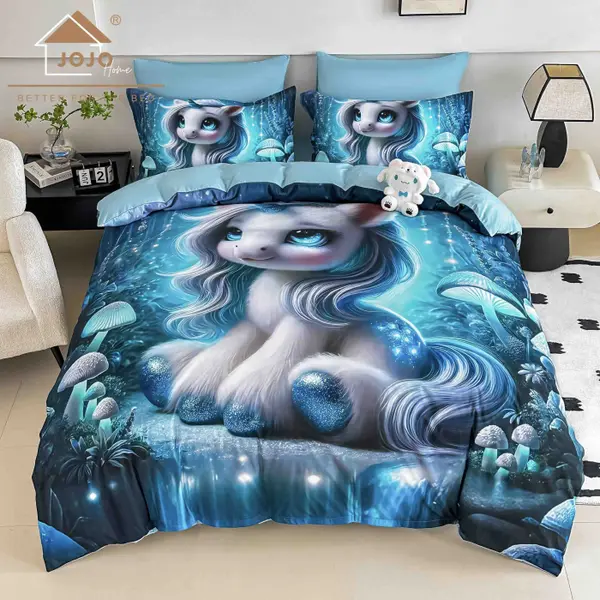 Lenjerie de Pat Bumbac Finet 5D 6 Piese cu Elastic 180x200 , Crystal Unicorn