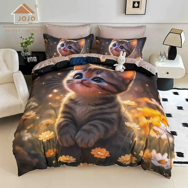 Lenjerie de Pat Bumbac Finet 5D 6 Piese cu Elastic 180x200 , Golden Kitty