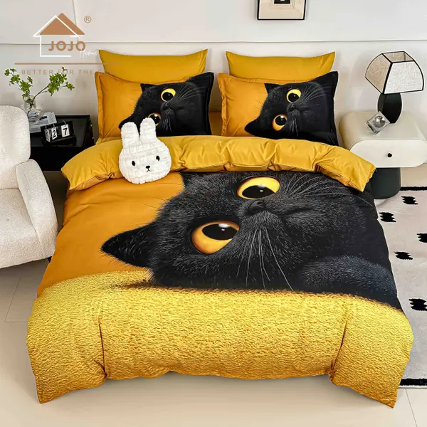 Lenjerie de Pat Bumbac Finet 5D 6 Piese cu Elastic 180x200 , Golden Eyes Cat