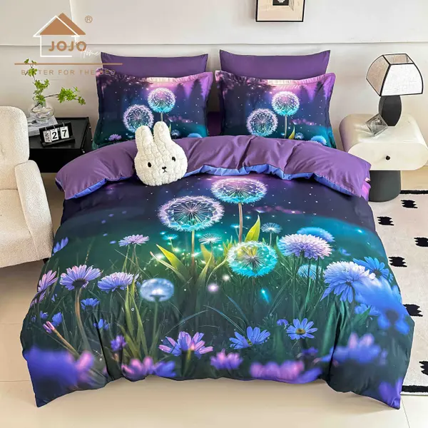 Lenjerie de Pat Bumbac Finet 5D 6 Piese cu Elastic 180x200 , Mystic Dandelion