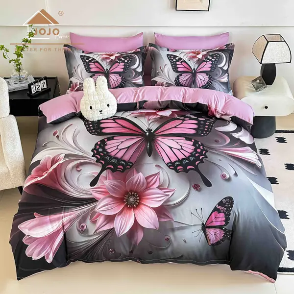 Lenjerie de Pat Bumbac Finet 5D 6 Piese cu Elastic 180x200 , Pink Butterfly Dream