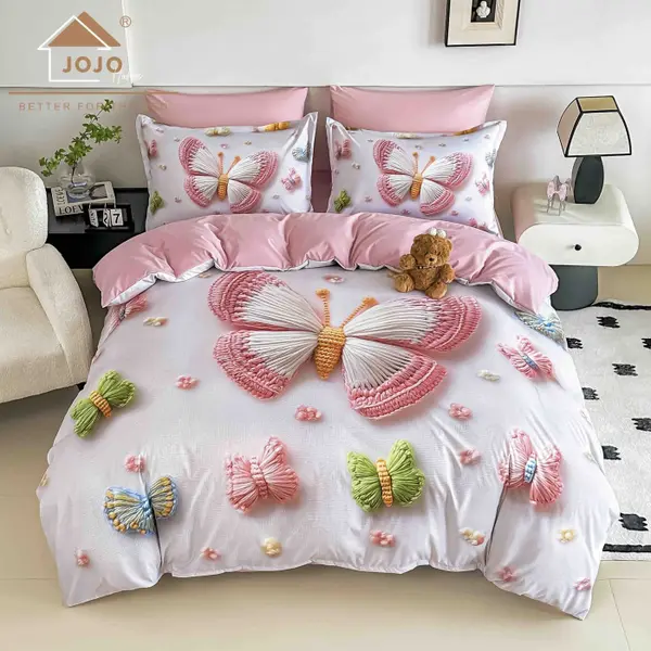 Lenjerie de Pat Bumbac Finet 5D 6 Piese cu Elastic 180x200 , Pink Butterfly