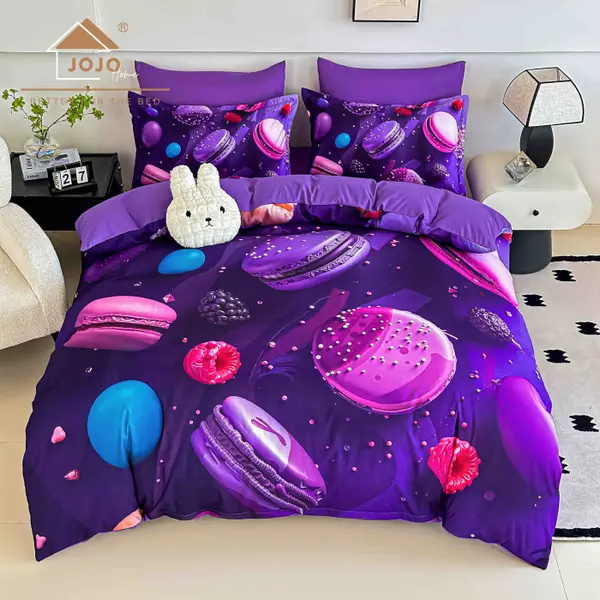 Lenjerie de Pat Bumbac Finet 5D 6 Piese cu Elastic 180x200 , Purple Macarons