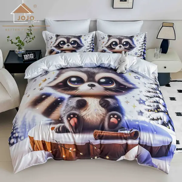 Lenjerie de Pat Bumbac Finet 5D 6 Piese cu Elastic 180x200 , Snowy Raccoon