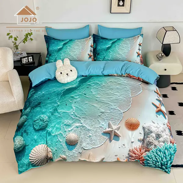 Lenjerie de Pat Bumbac Finet 5D 6 Piese cu Elastic 180x200 , Turquoise Shore