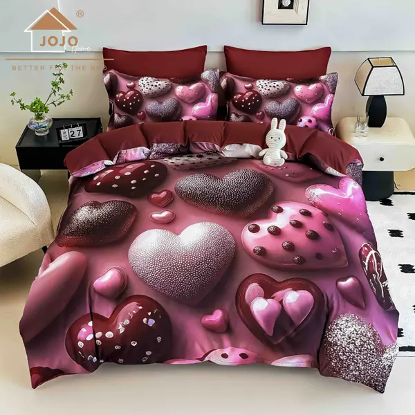 Lenjerie de Pat Bumbac Finet 5D 6 Piese cu Elastic 180x200 , Velvet Heart