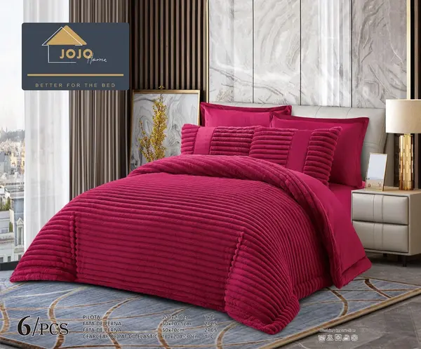 Lenjerie de pat cu Pilota Inclusa, Jojo Home, Cearceaf cu Elastic, 6 Piese, Blana de Iepure Artificiala, Rosu