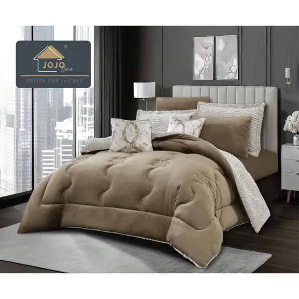 Lenjerie de pat cu Pilota Inclusa, Jojo Home, Cearceaf cu Elastic, 6 Piese, Blana de Iepure Artificiala si Catifea, Bej