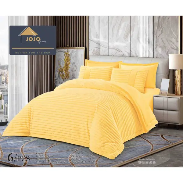 Lenjerie de pat cu Pilota Inclusa, Jojo Home, Cearceaf cu Elastic, 6 Piese, Blana de Iepure Artificiala, Galben