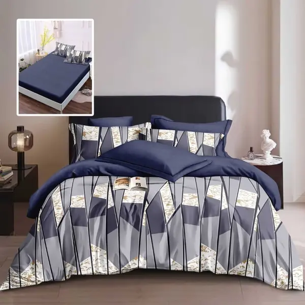 Lenjerie de pat din finet cu 6 piese, cearceaf pat cu elastic, cearceaf pilota 200 x 230 cm, 2 fete perna 50 x 70 cm si 2 fete perna 70 x 70 cm model geometric albastru