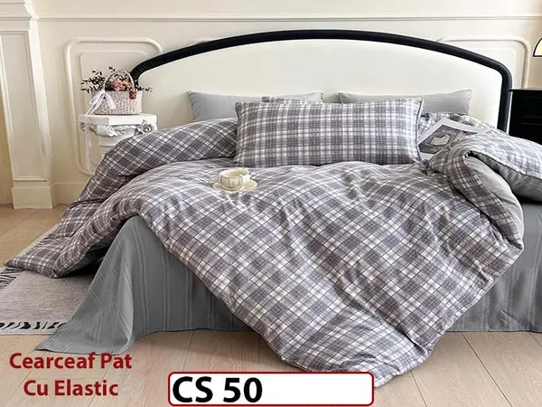 Lenjerie de pat dublă 4 piese, cu imprimeu modern, material fin și răcoros CS 50