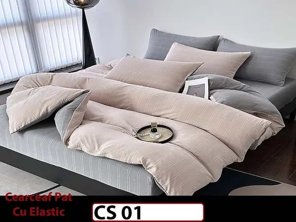 Lenjerie de pat dublă 4 piese, cu imprimeu modern, material fin și răcoros CS 01