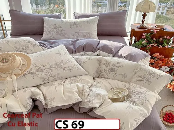 Lenjerie de pat dublă 4 piese, cu imprimeu modern, material fin și răcoros CS 69