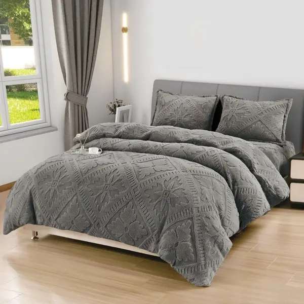 Lenjerie de Pat Dublu, CoCoLiNo Ultra Pufoasa, 4 piese, Cearsaf cu ELASTIC, Model Traditional 3D, Gri inchis