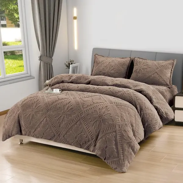 Lenjerie de Pat Dublu, CoCoLiNo Ultra Pufoasa, 4 piese, Cearsaf cu ELASTIC, Model Traditional 3D, Maro